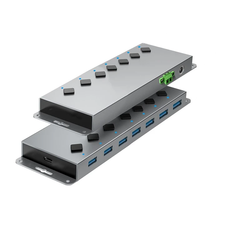 Промышленный концентратор USB 3.2 Gen.2, 7 портов, алюминий, с источником питания 12 В постоянного тока